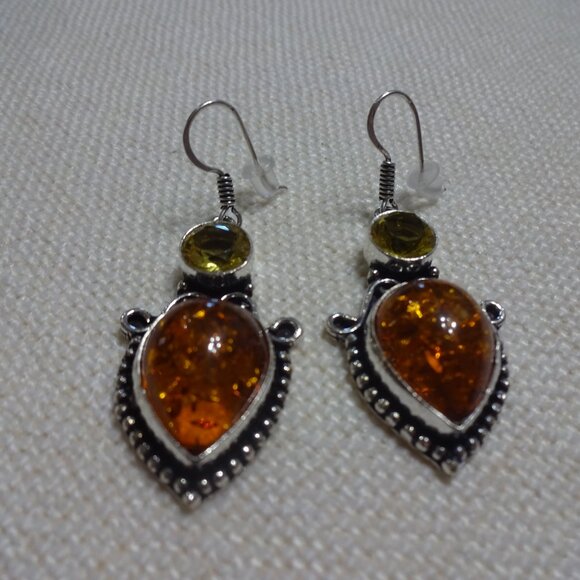 Stunning AMBER & CITRINE Handmade Sterling Dangle Earrings #853B - Picture 2 of 3